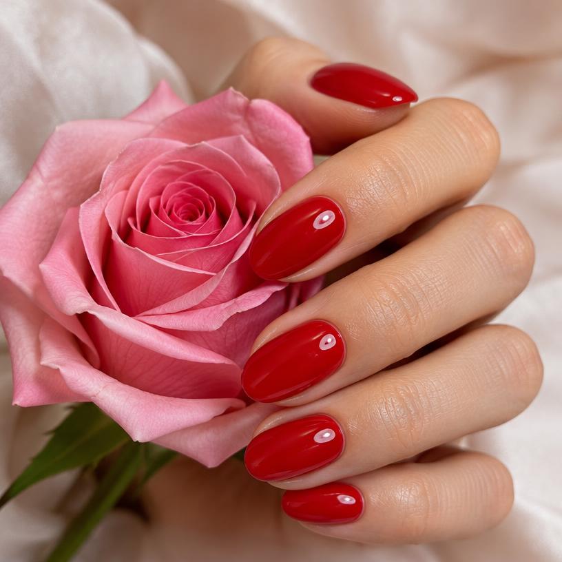 Glossy red gel manicure